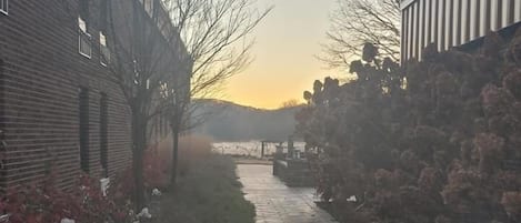 Un sendero pavimentado bordeado por edificios y vegetación, que conduce hacia una estructura distante.