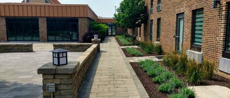 A pathway leading to a building with a brick facade and large windows.