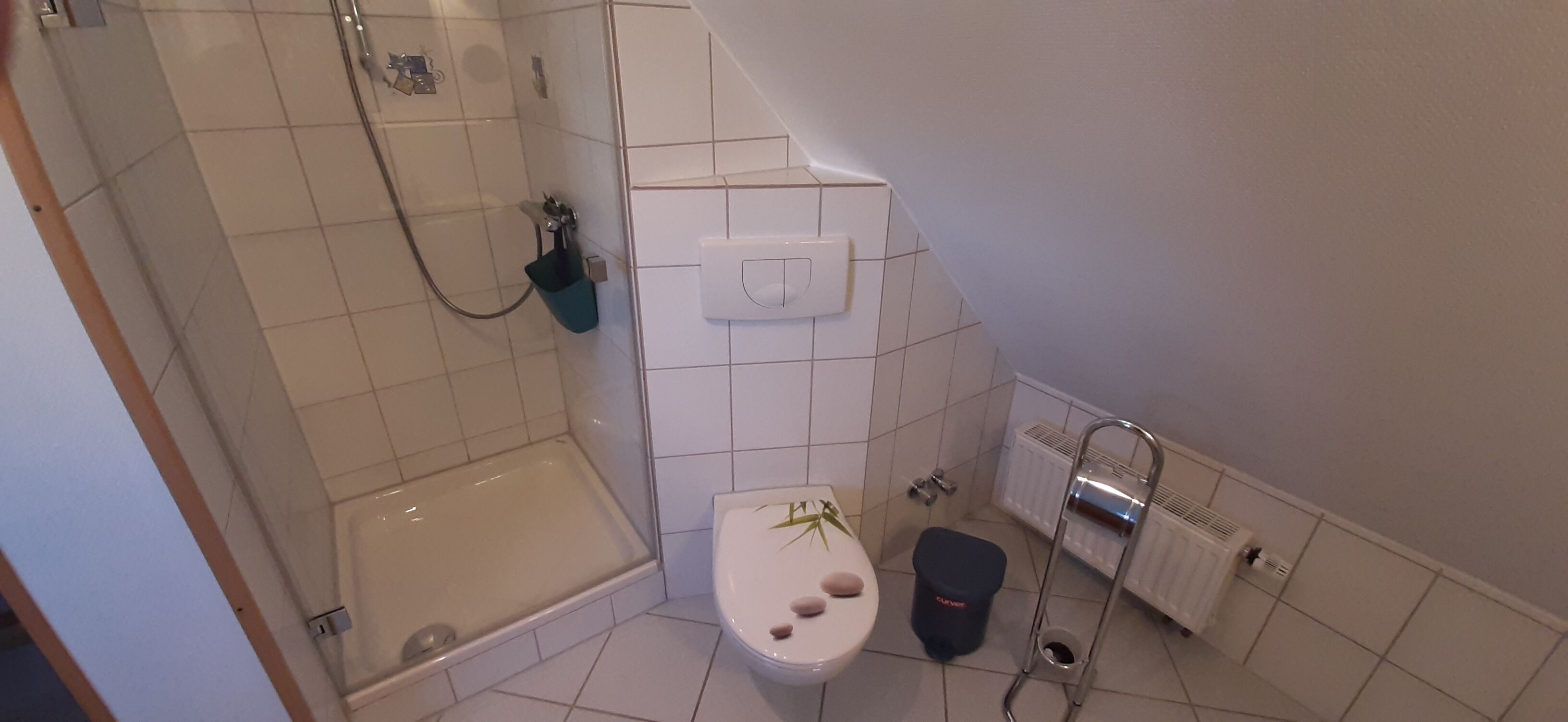 A small bathroom with a bathtub, toilet, and a shower.