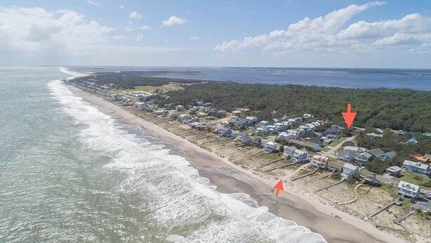 An aerial view of a coastal residential area with houses along the beach, a clear sky, and a calm sea. - **PRIVATE POOL** 1 Block to Beach (Kure Beach)
