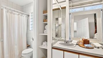 Shower, hair dryer, towels, soap