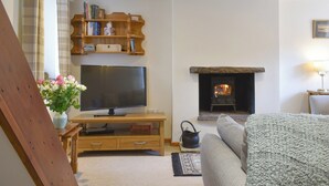 A cozy living room with a flat-screen TV, a fireplace, a bookshelf, and a comfortable sofa. - The Old Candle House (Longnor, near Buxton)