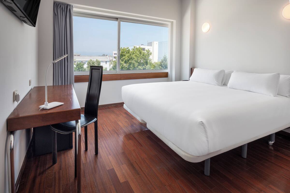 Hotelkamer met een groot bed, een bureau met stoel, een raam met uitzicht op gebouwen en bomen, en een flatscreen televisie aan de muur.