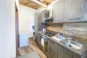 Une cuisine moderne équipée d’un four encastré, d’un évier en acier inoxydable et d’une cuisinière à gaz.