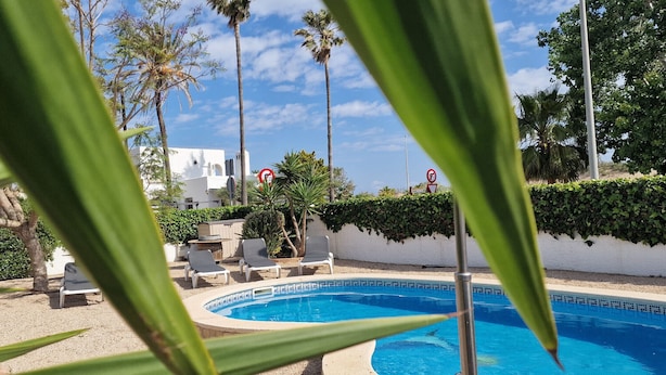 Una piscina con lettini e palme, circondata da un edificio bianco e un siepe.