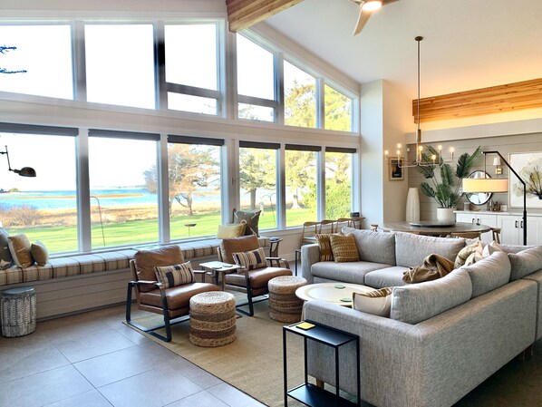 Smart TV, fireplace, books