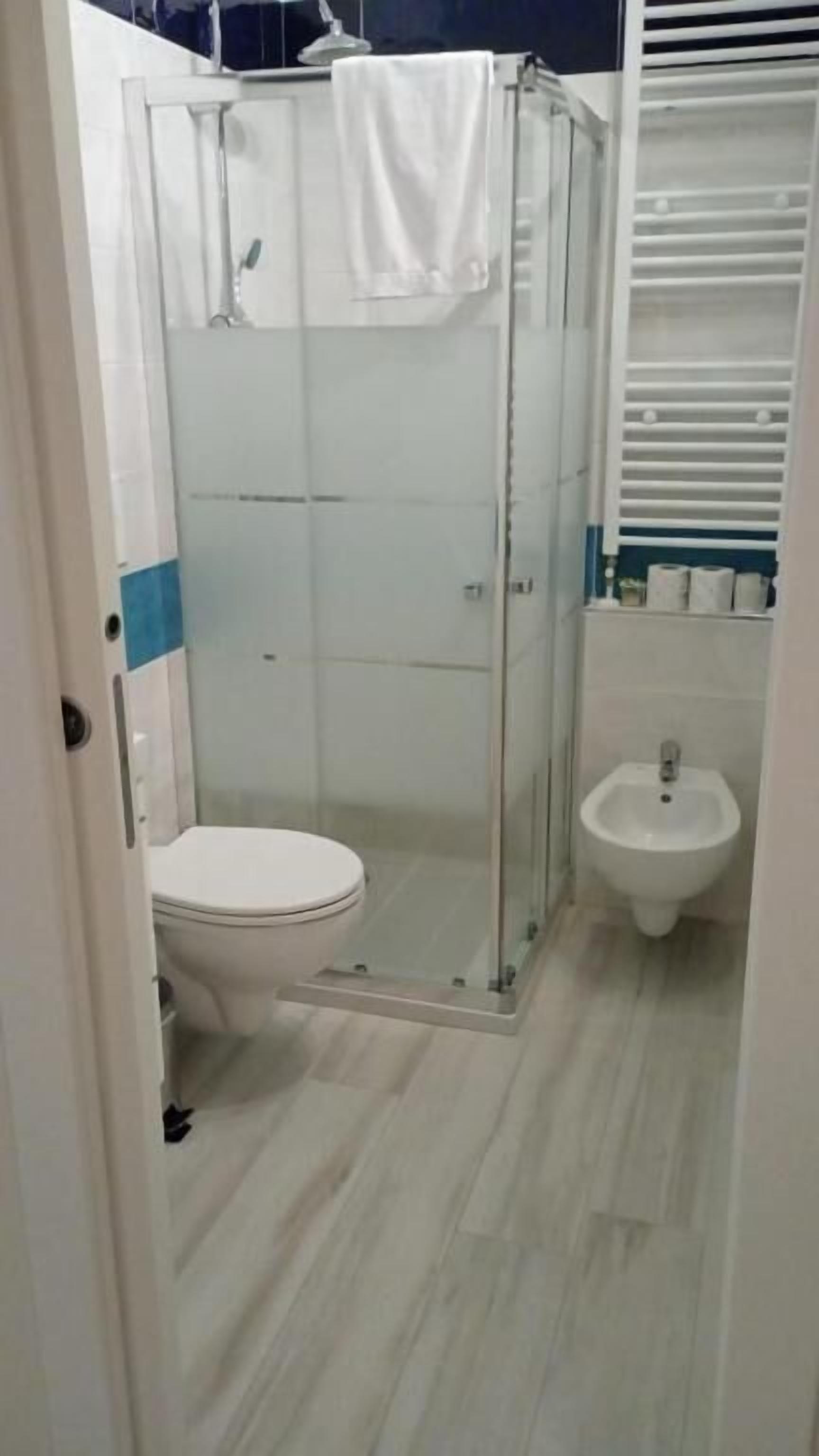 Une petite salle de bain avec une douche à parois de verre, des toilettes et un bidet.