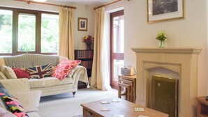 A cozy living room with a sofa, fireplace, bookshelf, and large windows.