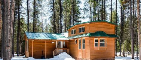 A wooden cabin with a green roof, surrounded by tall pine trees and covered in snow.