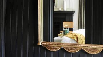 Shower, rainfall showerhead, designer toiletries, hair dryer