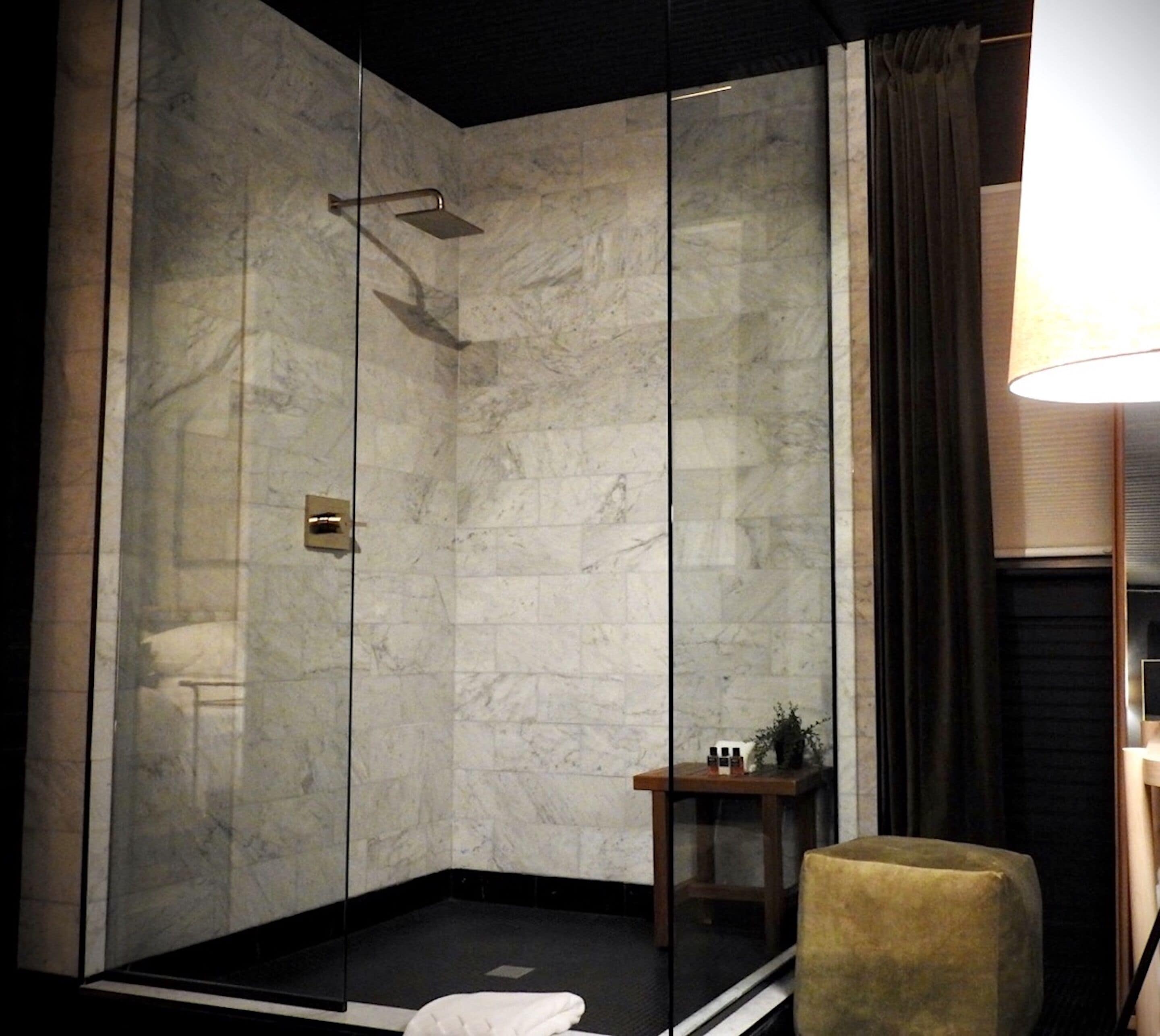 shower, rainfall showerhead, designer toiletries, hair dryer