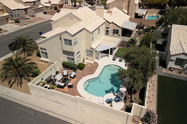 outdoor pool, outdoor, terrace patio, summer, aerial view, pool visible, daytime