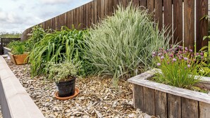 A garden with various plants and a wooden fence.