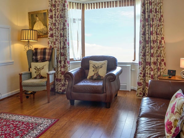 A living room with a brown leather armchair, a blue armchair with a deer pillow, a red patterned rug, and a window with floral curtains.