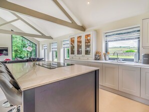 A modern kitchen with a large island, white cabinetry, and a view of the countryside.