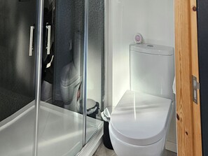 Ein Badezimmer mit einer gläsernen Duschkabine, einer weißen Toilette und einer Holztür.