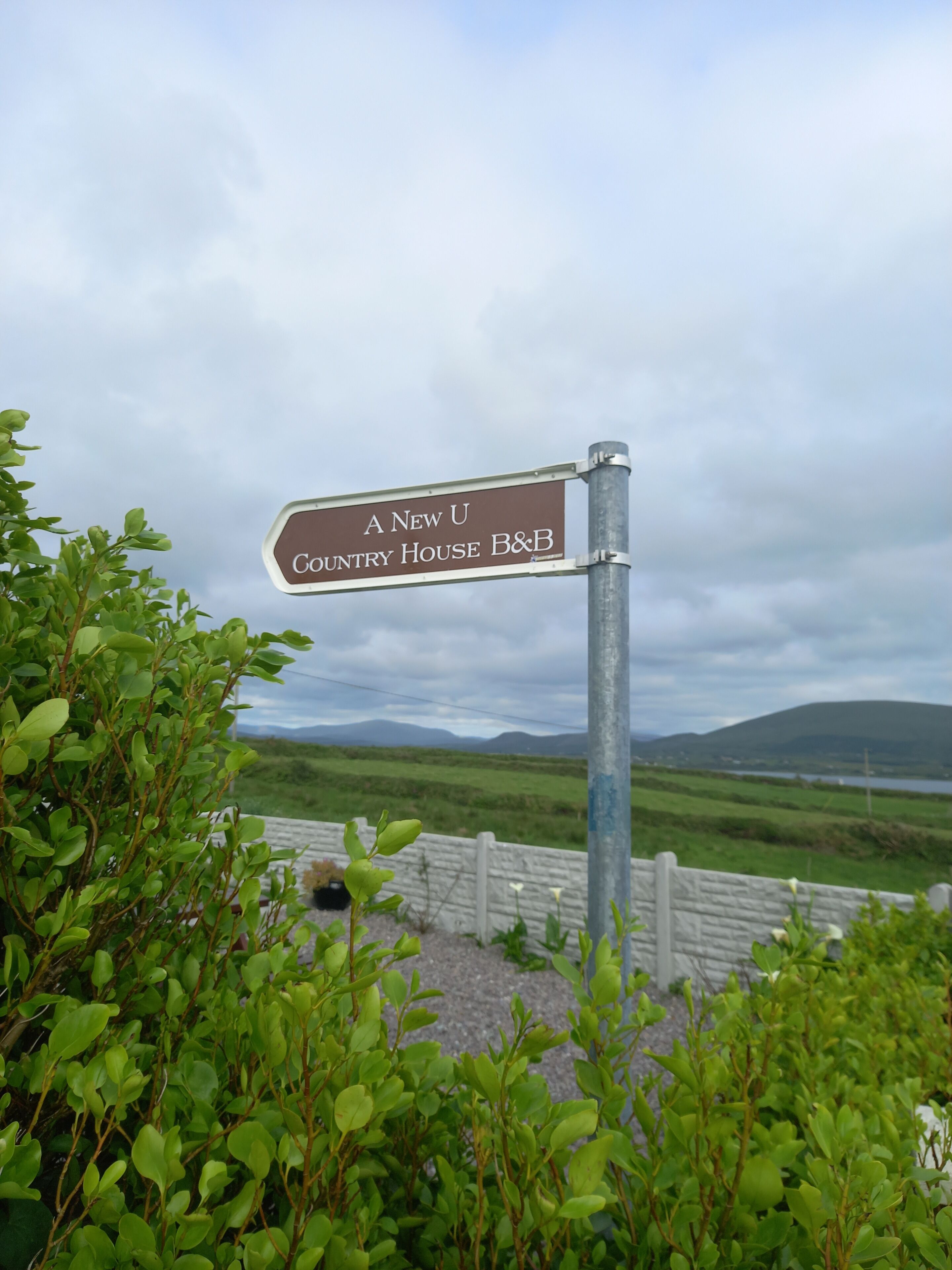 A directional sign for 'A New U Country House B&B' with a scenic view of green fields and hills in the background.