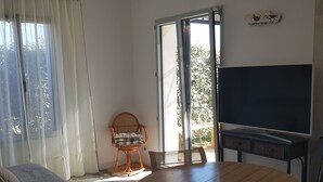 Ein Zimmer mit einem Bett, einem Esstisch mit Stühlen, einem Fernseher und einem Korbstuhl.