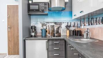 Frigorífico, microondas, placa de cocina y hervidor eléctrico