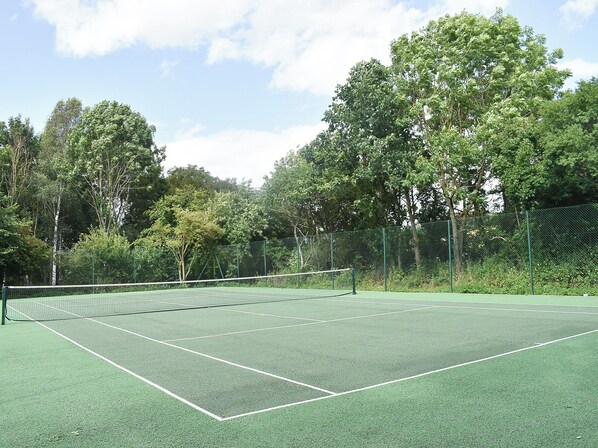 A tennis court with a net, surrounded by trees and a chain-link fence.