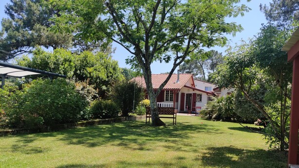 Un giardino curato con prato, una panchina in legno e una casa con tetto rosso e rivestimenti bianchi.