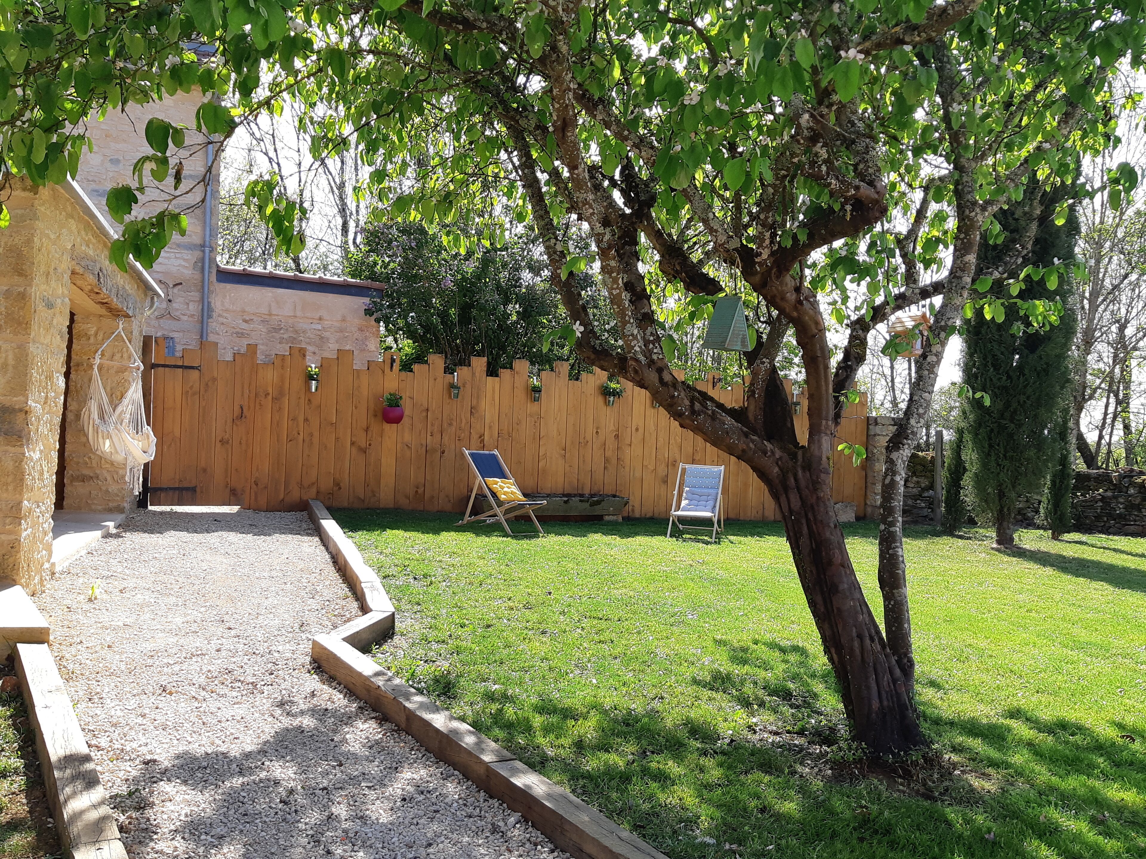 A backyard with a wooden fence, a hammock, a blue lawn chair, and a tree.