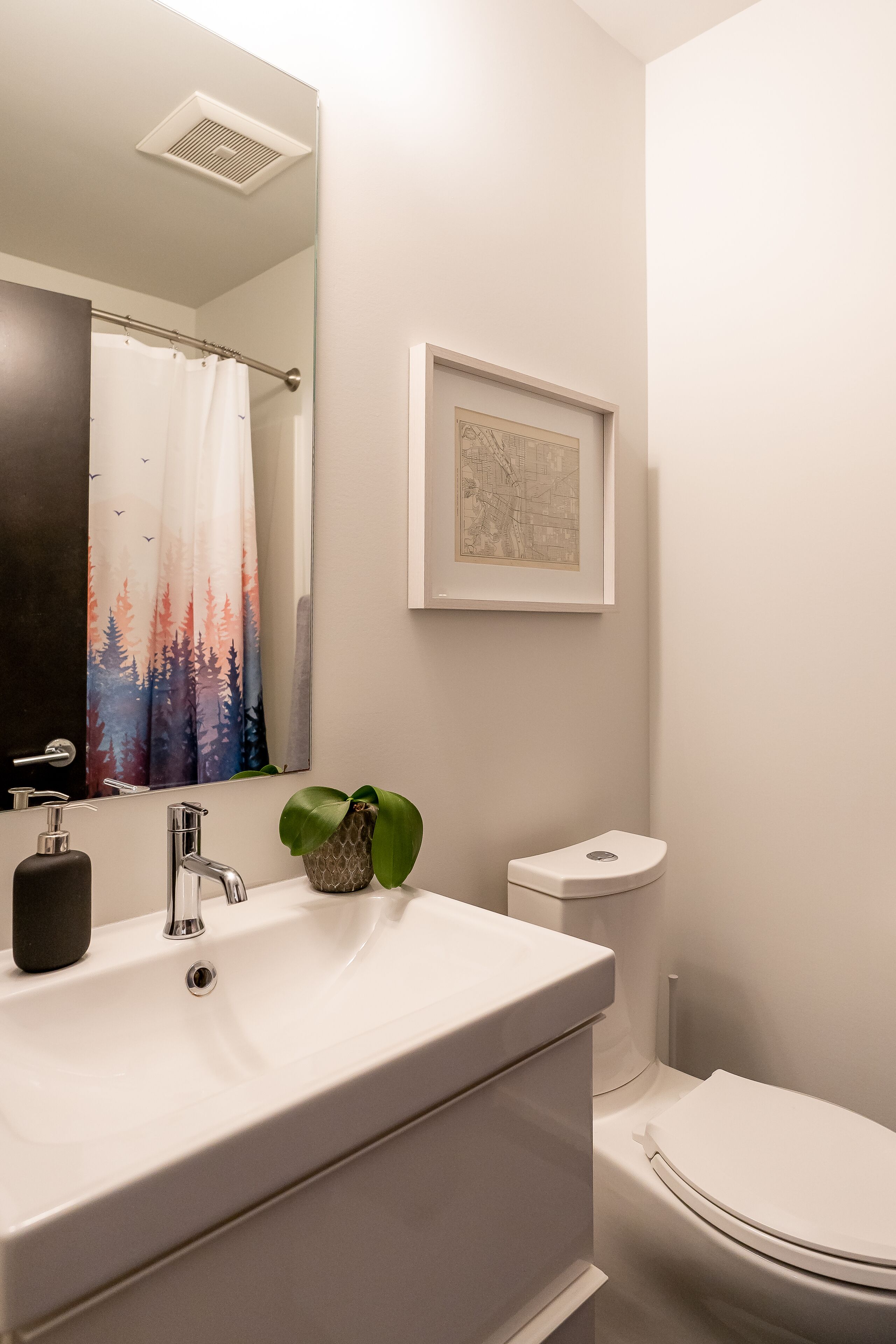 A bathroom with a white sink, a mirror, a toilet, and a framed map on the wall.