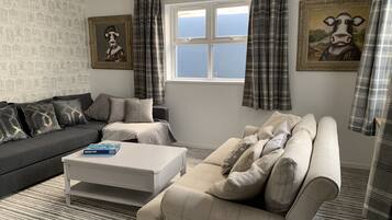 Een smart-tv, een open haard en boeken