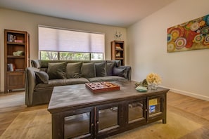 Smart TV, fireplace, books, stereo