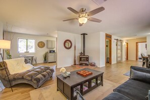 TV connectée, cheminée, livres, chaîne hi-fi