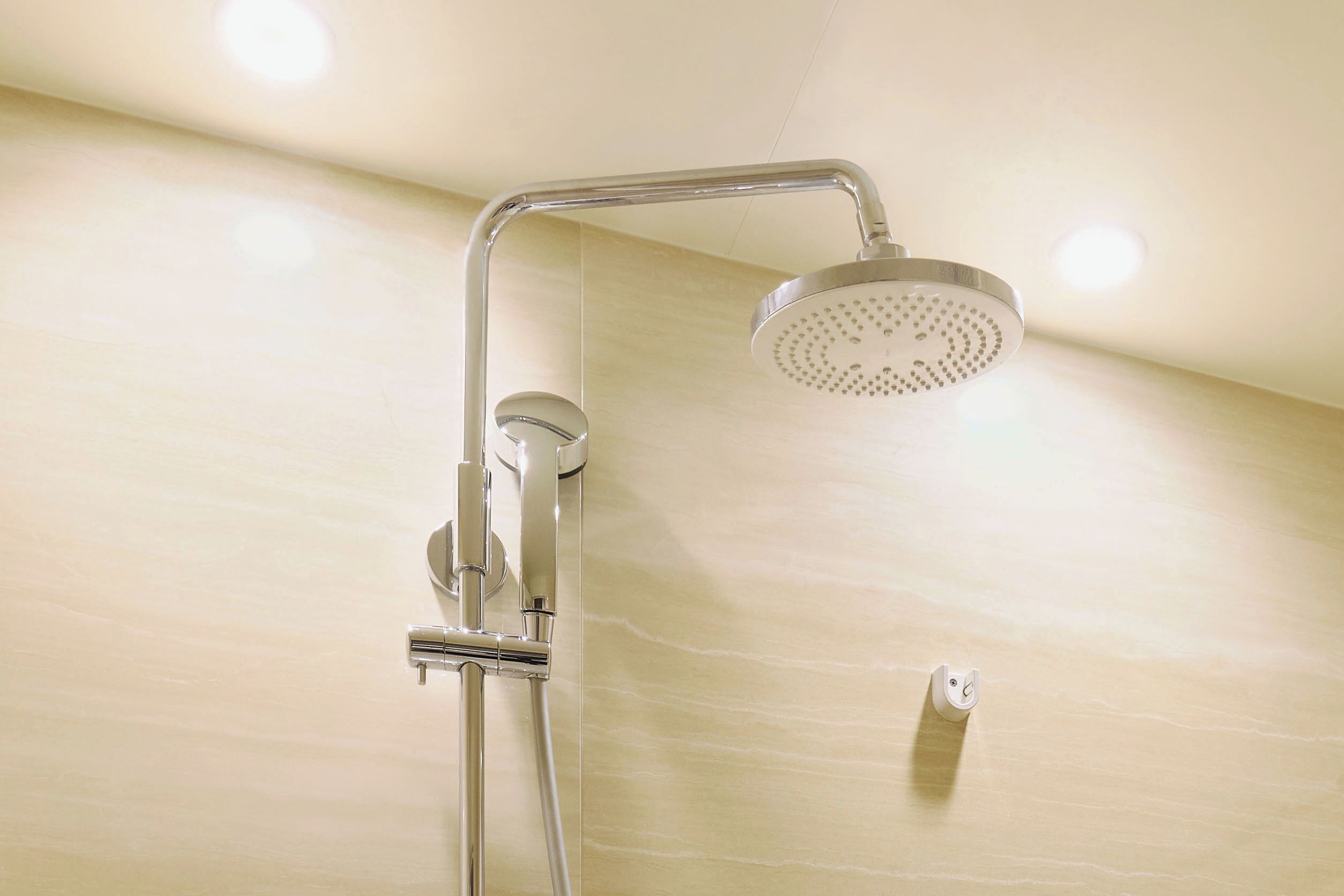 A shower with a handheld showerhead and a fixed overhead showerhead.