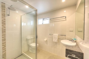 Bathroom features a glass-enclosed shower, toilet, and sink with a large mirror.