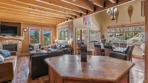 Duplex, 5 Bedrooms, Mountain View, Slope side (5 Bedrooms) | Living area | 50-inch TV with cable channels, fireplace, video-game console - Forest Lane Hideaway - Luxurious Family Friendly Home with Private Hot Tub (Beaverdell)