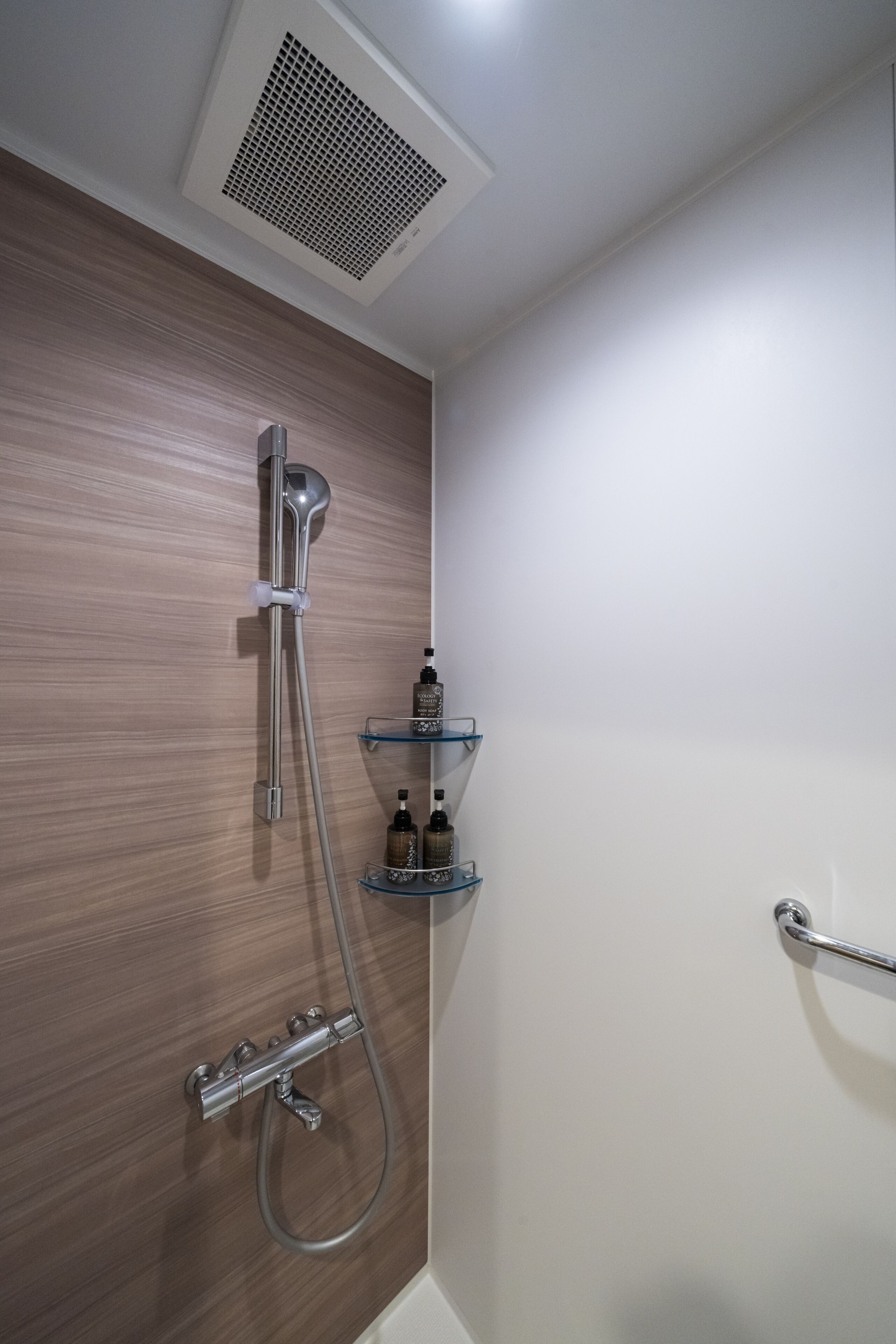 Une douche équipée d’un pommeau de douche à main et d’un panneau de commande fixé au mur.