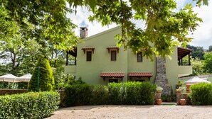 A two-story building with a green facade, stone chimney, and red-tiled roof. - Villas Arhontika Red, Nestled in Chestnut Forest in Cretan Mountainside (Elos)