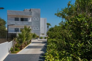 Un edificio moderno con techo plano y fachada simétrica, rodeado de abundante vegetación y un cielo despejado.