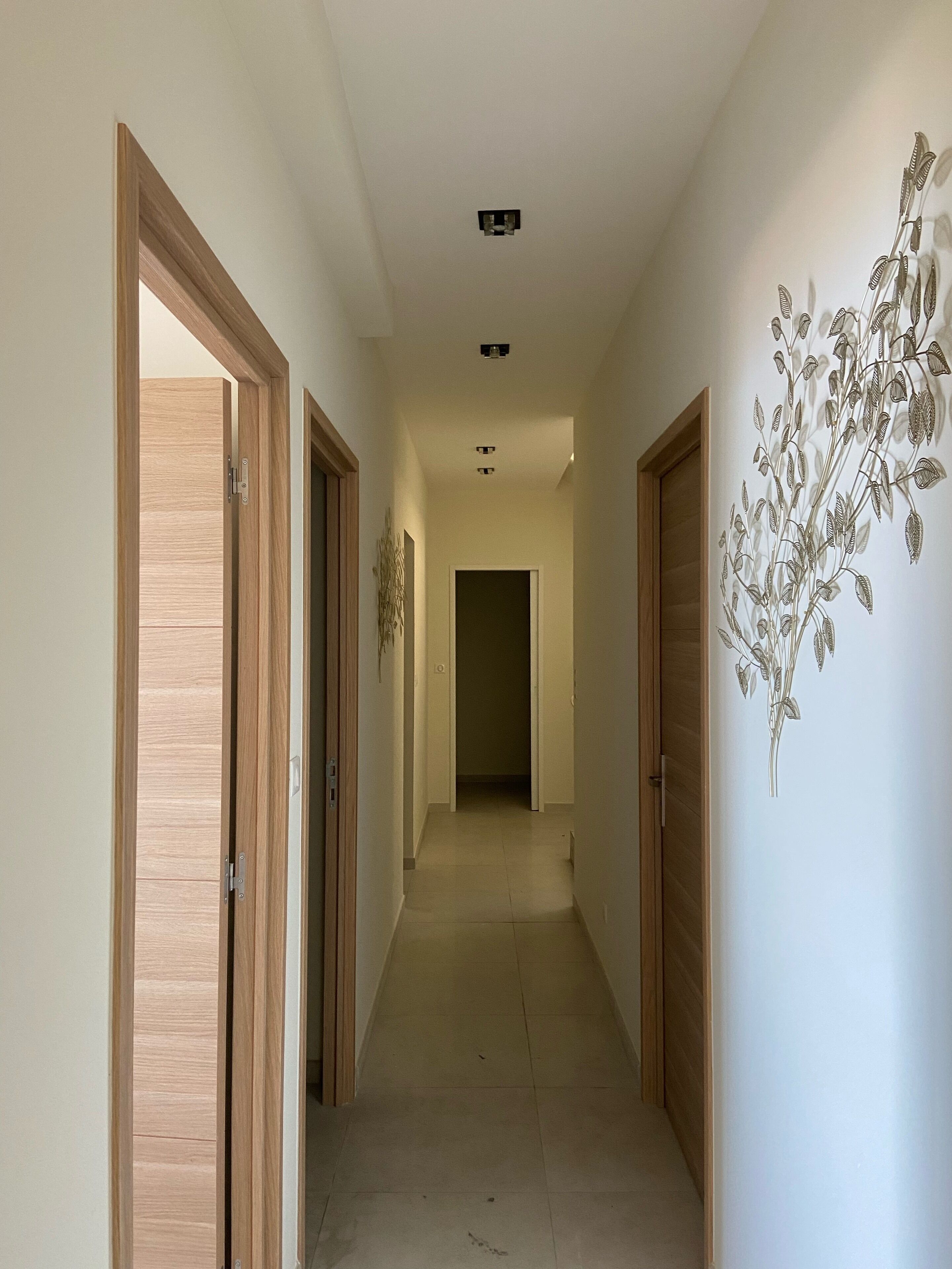 A hallway with wooden doors on either side, a light-colored tiled floor, and a wall-mounted decorative plant.