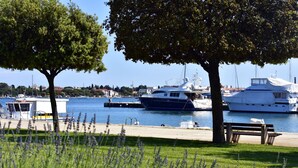 Uma marina com barcos atracados, uma área gramada com bancos e árvores que oferecem sombra.