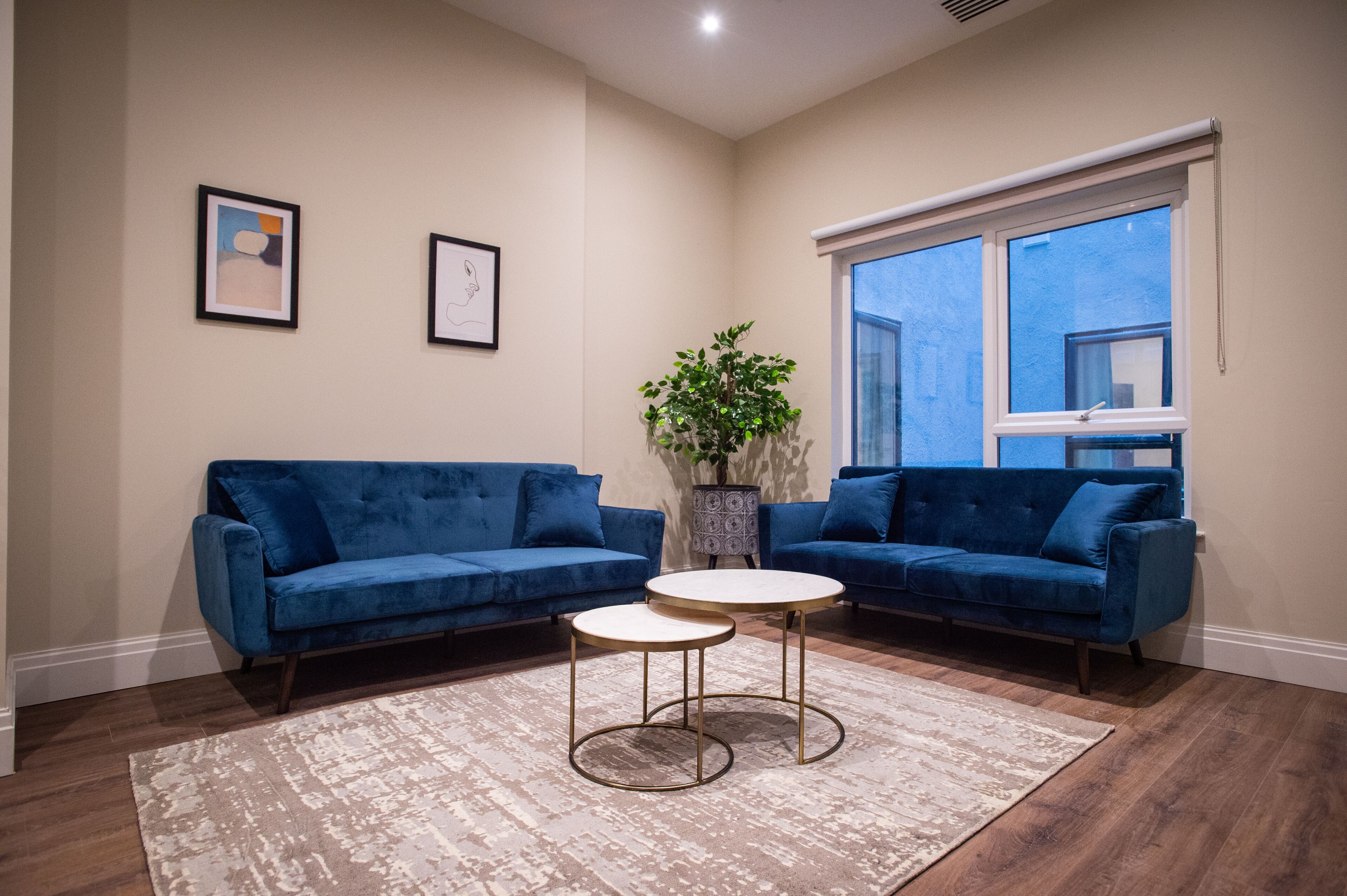 A living room with two blue sofas, a round coffee table, and a potted plant.