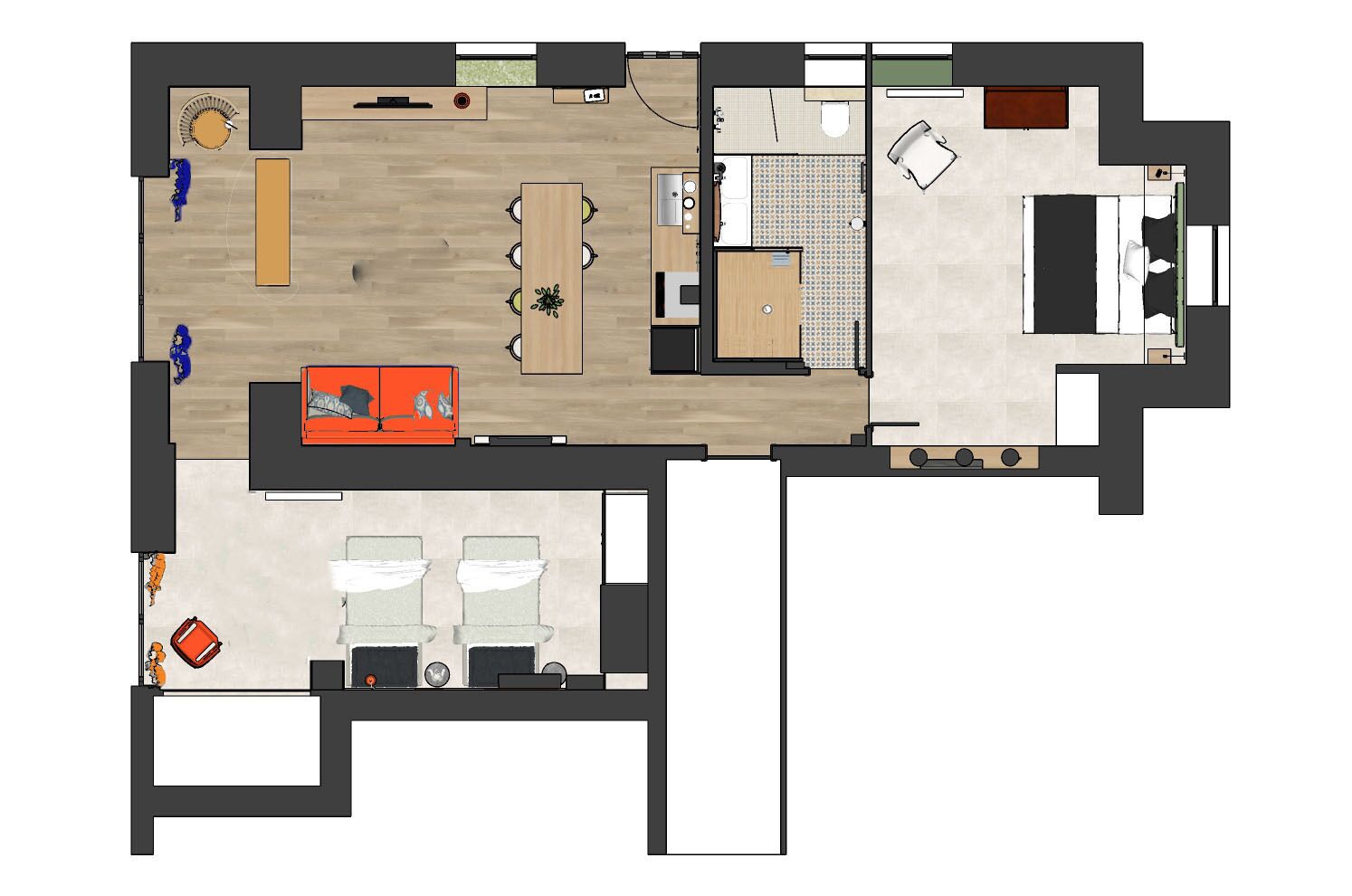 Un h ôtel comprenant un espace repas, une cuisine, deux chambres, une salle de bain et un petit coin salon.
