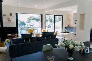 Smart TV, fireplace, books, stereo