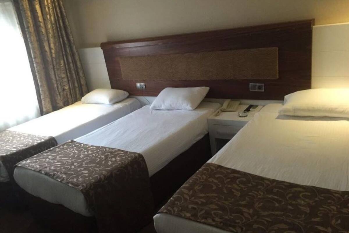 A hotel room with three single beds, each with a pillow and a blanket. There is a wooden headboard and a bedside table with a phone.