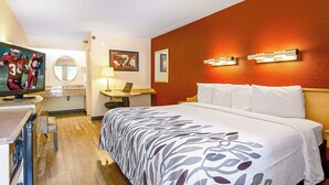Una habitación de hotel con cama, escritorio, televisión y baño.