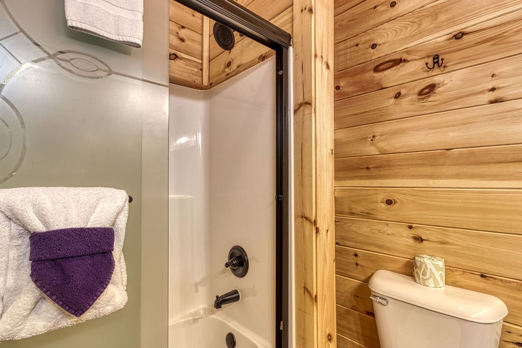 Een badkamer met een glazen douchedeur, een wit toilet en houten lambrisering op de muren.