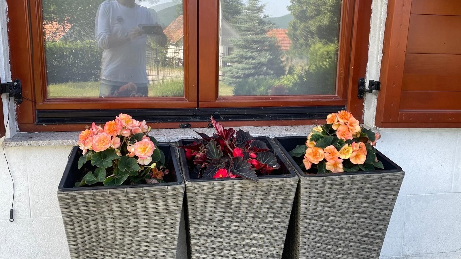 Tres macetas de mimbre con flores en un balcón.