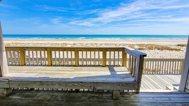 A wooden deck with a view of the beach and ocean. - Queen's Grant E-117 – Perfect Beach Getaway (Topsail Beach)