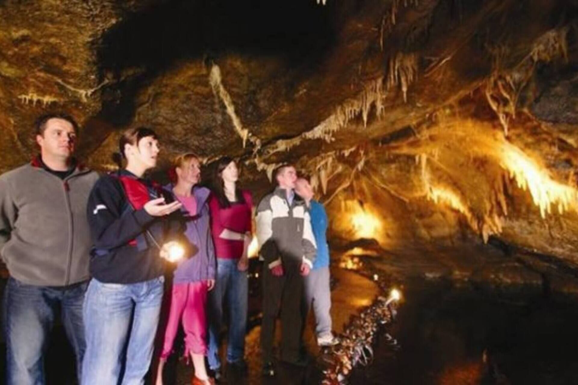 A group of people standing in a cave with stalactites and a small pool of water.