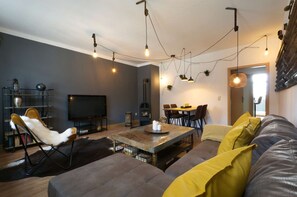 TV, fireplace, books