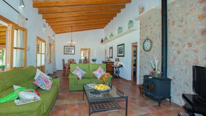 A cozy living room with a green sofa, a coffee table with books and oranges, a fireplace, and a television. - Borges, 5StarsHome Mallorca Estate (Alcúdia)