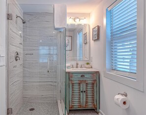Shower, hair dryer - 1950s Beach Cottage  Unit C (Isle of Palms)